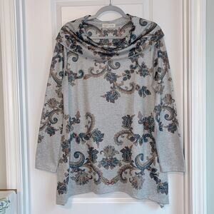 Cactus + Pearl Floral Paisley Cowl Neck Tunic Sweater